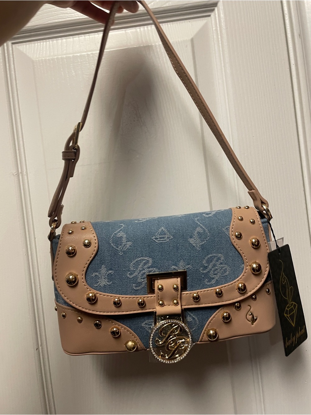 Baby Phat Blue Denim & Tan Studded Shoulder Bag with Gold Accent